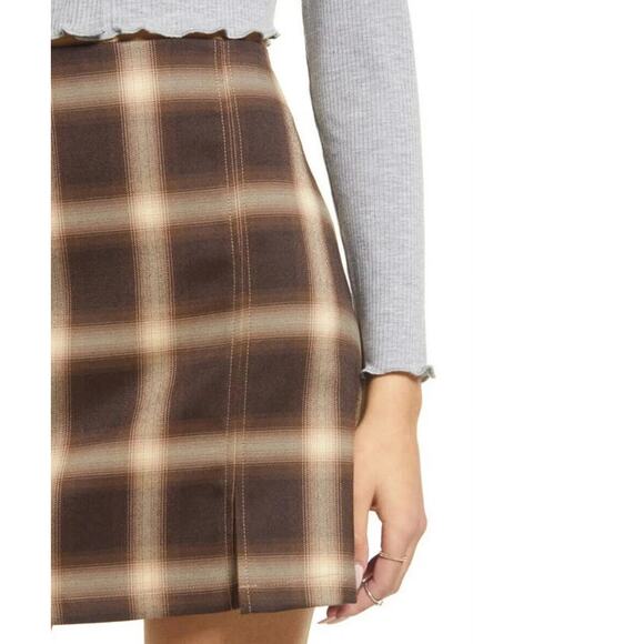 BP Nordstrom Brown Plaid Mini Skirt Size M Ombre Front Slit Academia Coquette - Picture 4 of 10